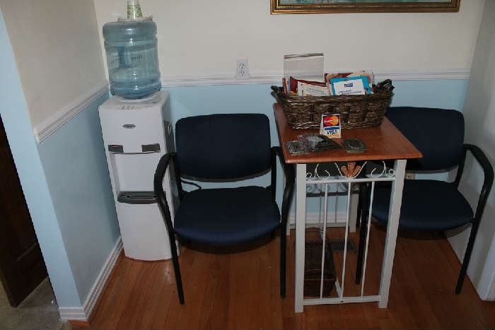 WATER COOLER, TABLE, CHAIRS
