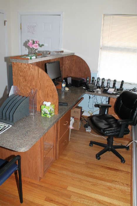 CUSTOM BUILT RECEPTIONIST DESK, CHAIRS, TELEPHONE SYSTEM, COMPUTER (NO HARD DRIVE)