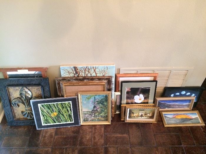 Framed art, vintage and canvas, brass rubbings