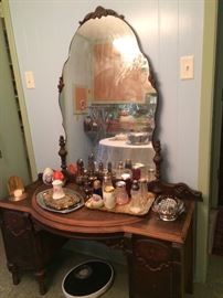 Antique mirrored vanity, sugar/powder shaker collection 