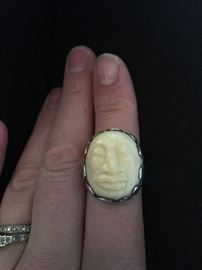 Carved Face ring by James Faxs (signed) size 8/8.5 Sinopah Silver. 