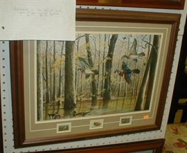 Maynard Reece duck print with stamps,  "Through the Trees"