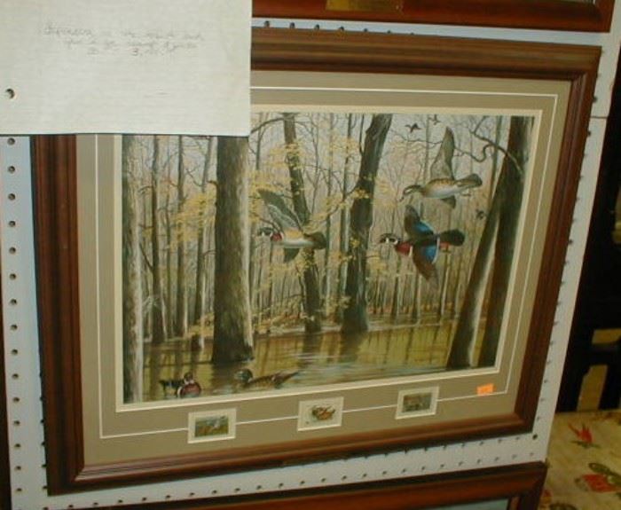 Maynard Reece duck print with stamps,  "Through the Trees"