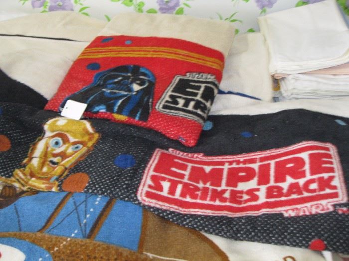 Vintage Star Wars towels, pillowcases, Pop Eye, Miss Piggy linens, and more