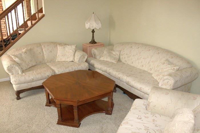 Living room furniture. Matching couch, love seat and armchair. Coffee table