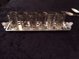 Sterling silver tray with 6 sterling shot cup holders. 