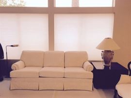 Flexsteel white sofa, square Asian end table with doors