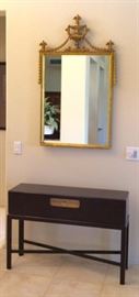 Lacquer console table with flip-top storage, gold French -style mirror