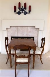 Antique walnut game table with 3 walnut antique chairs