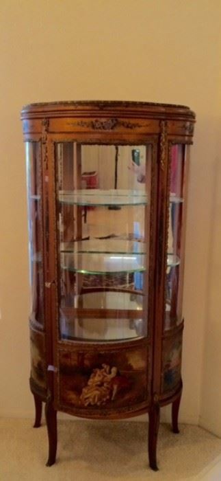 Antique curio cabinet features detailed painting on the bottom