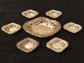 G Monogrammed Sterling nut serving tray 7 inches x 5 inches. Six individual nut bowls are 3.5 inches wide
