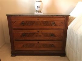 Marble top antique three drawer chest. 39 inches wide by 17 inches deep by 29 inches high