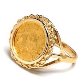 14K Yellow Gold Signet Ring with 24K Gold Chinese 5 Yuan Panda Coin: A 14K yellow gold signet ring with a bezel set 24K gold Chinese 5 yuan panda coin. The coin was minted in 1992 and depicts a Panda to the front, with a relief image of the Temple of Heaven in Beijing, China to obverse.