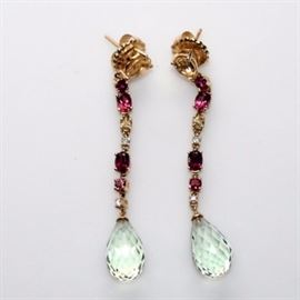 Multi Color Gemstone and Diamond Drop Earrings: An exquisite pair of 14k drop earrings with diamonds and colored gem stones.
