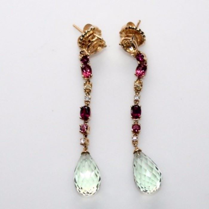 Multi Color Gemstone and Diamond Drop Earrings: An exquisite pair of 14k drop earrings with diamonds and colored gem stones.