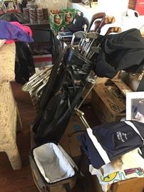golf clubs, coolers, chairs