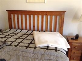 QUEEN HEADBOARD WITH MATCHING BED SIDE TABLES AND CLOTHES ARMOIRE