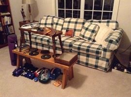 Sleeper Sofa! Weights of all sizes, youga mat, and an oak bench.