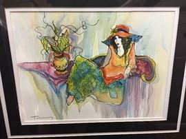 Tarkay Watercolor Original - 25" x 29" WITH FRAME