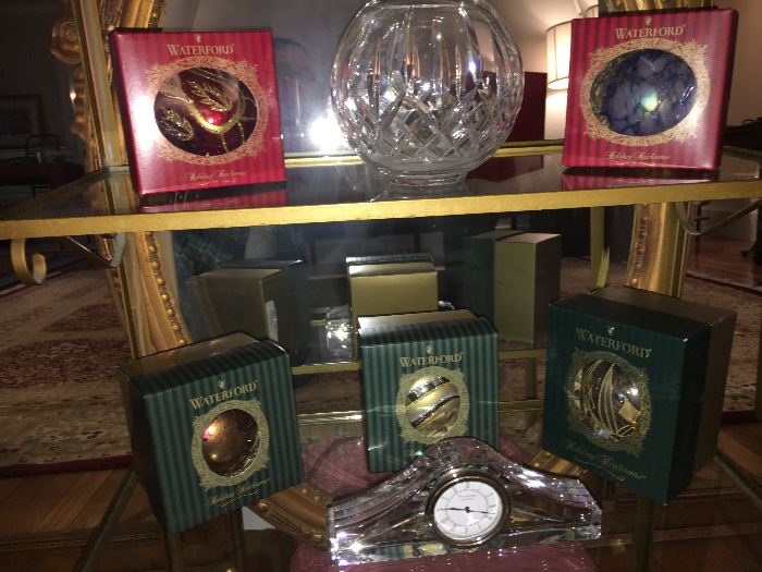 Waterford decorations, bowl and mantle clock