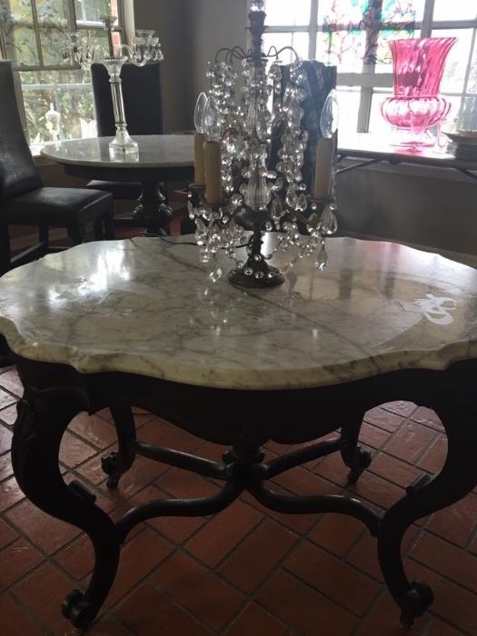 Gorgeous Scalloped Marble Top Mahogany Table 41" Wide