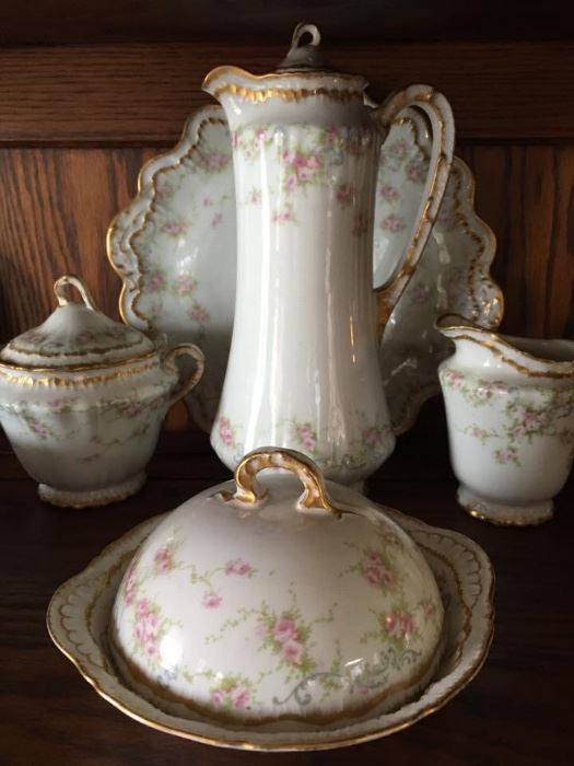 Haviland Limoges Scleiger Chocolate Pot, Round Covered Butter Dish with Strainer, Scalloped Platter, Creamer & Sugar Bowl