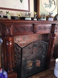 Beautiful Carved Mantle 37" Hearth & Heavy Iron Firescreen