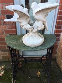 Marble Top Singer Machine Stand Table with Solid Concrete Pair of Doves Statue