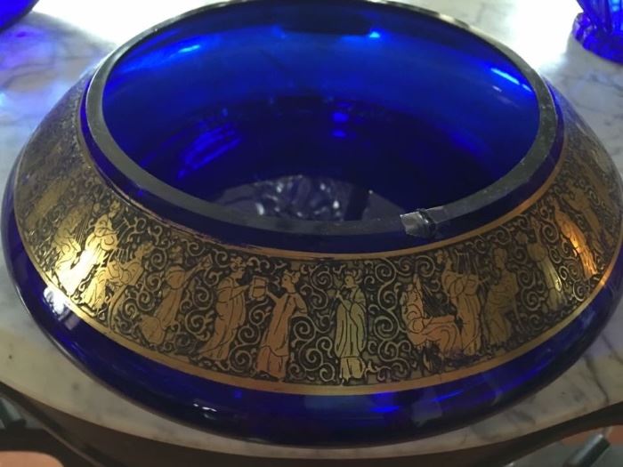 Rare Blue Italian Glass Bowl with Ornate Gold Band