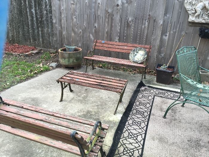 Several Wrought Iron and Redwood Park Benches & Tables