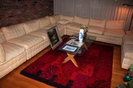 Sectional, Rug, Glass & Wood Coffee Table