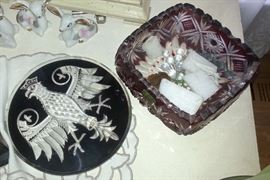 Vintage Bohemian cut glass plaque and bowl