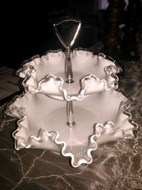 White ruffled glass two tier serving platter