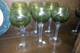 Vintage Bohemian green cut glass stemware