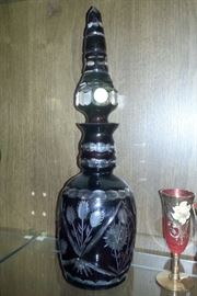 Vintage Bohemian dark red cut glass decanter
