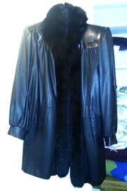 Leather coat with fur collar