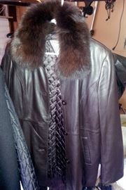 Leather coat with fur collar