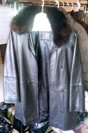 Leather coat with fur collar