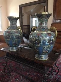 Pair of 19th century Chinese cloisonné dragon handle vases bearing four character Qianlong mark on underside. 