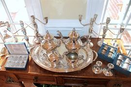 Oneida silverplate coffee / tea service, sterling candelabras and candlesticks, misc. silverplate