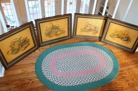 Set of 4 vintage bird prints and small rug