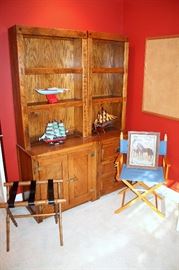 Young-Hinkle bookcases, director's chair, faux-bamboo luggage stand
