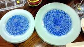Set of gorgeous contemporary frosted glass chargers and plates with blue Chinese design.
