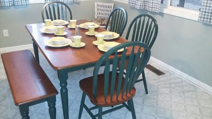 cherry and green table with 5 chairs and bench
