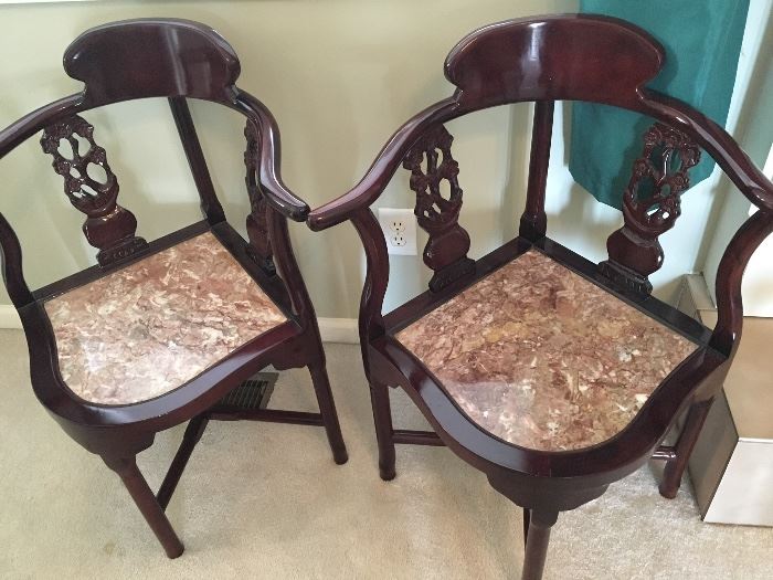 Antique Oriental cherry and marble chairs