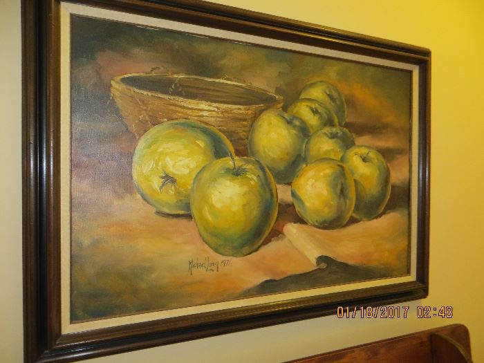 Michael Lang, noted American artist, Oil on canvas, Image of fruit and basket, dated 1976
