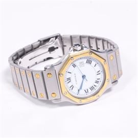 Men's Cartier Santos 18K Gold and Stainless Watch: A men’s Cartier Santos 18K gold and stainless steel wristwatch with two extra links. Comes with original Cartier watch box.