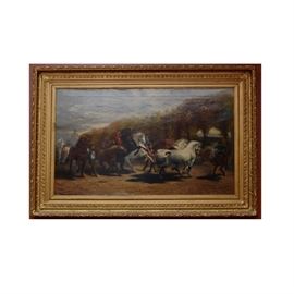 Late 18th C. Oil on Canvas, Paul Powis: A late 18th century oil on canvas signed Paul Powis and dated 1888. This impressive oil depicts a horse herding scene with farm hands at work. Framed in a gorgeous wood and gold tone frame.