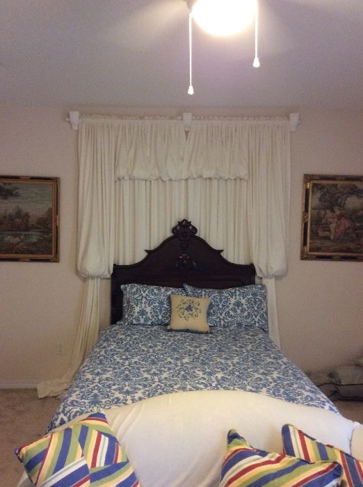 Antique bed full size with heart in center. Drapes for sell, set of two 