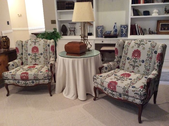 Pair of large French style chairs & round side table 